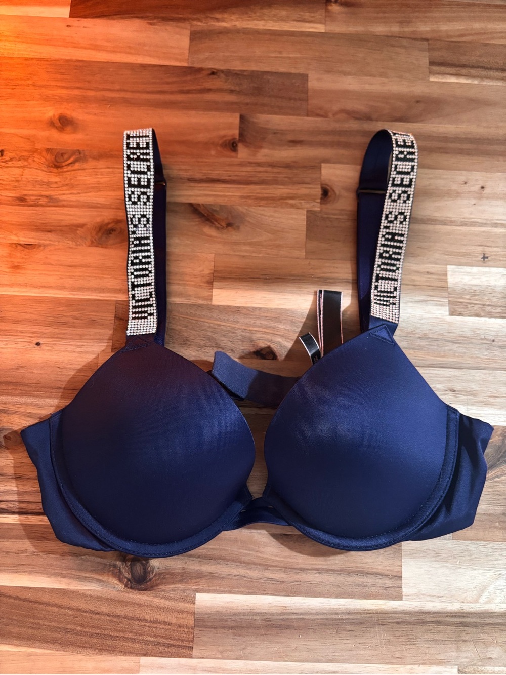 Victoria's Secret Navy Push-Up Bra with Rhinestone Logo Straps